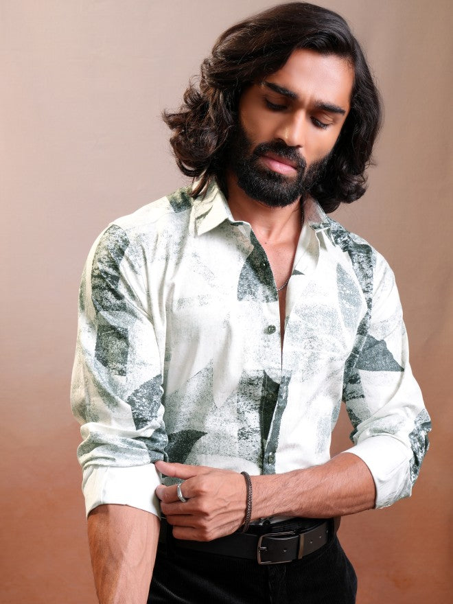 Locomotive Luxe Men Cream & Olive Satin Printed Occasion Casual Shirt - Cream - Image 1