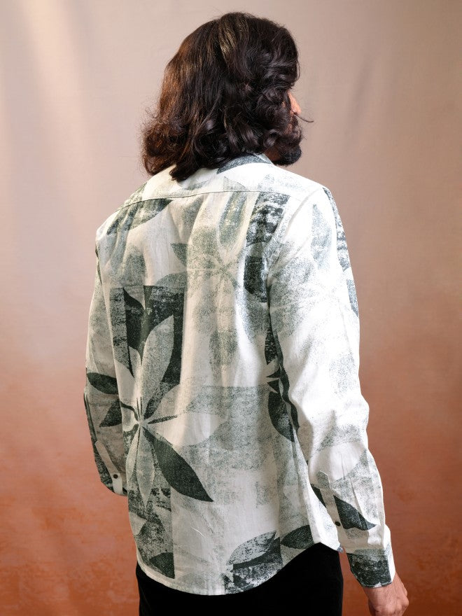 Locomotive Luxe Men Cream & Olive Satin Printed Occasion Casual Shirt - Cream - Image 3