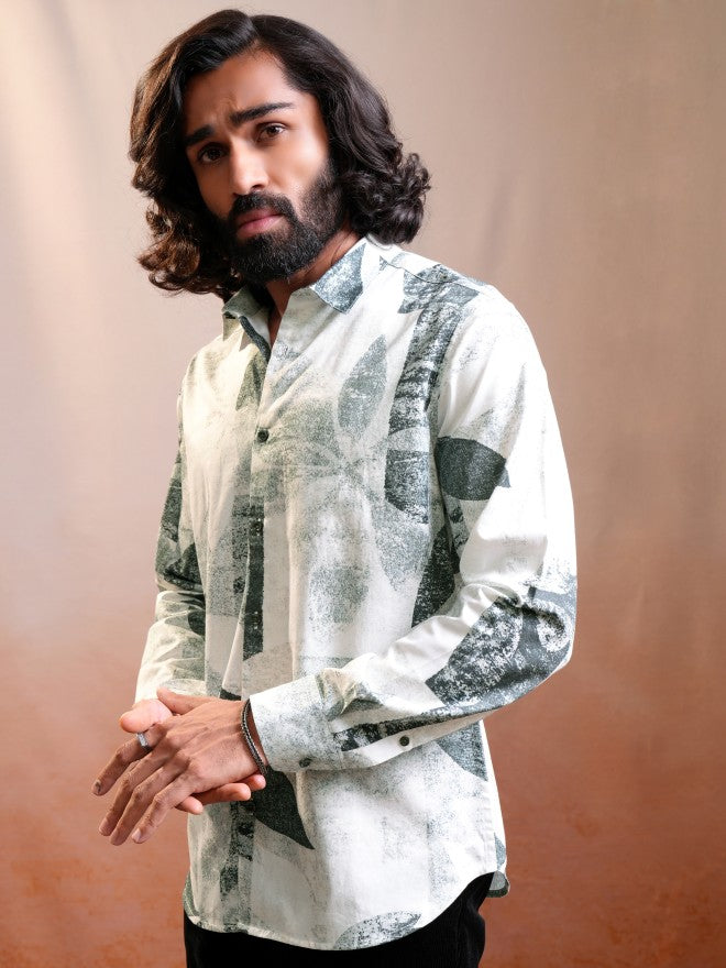 Locomotive Luxe Men Cream & Olive Satin Printed Occasion Casual Shirt - Cream - Image 4