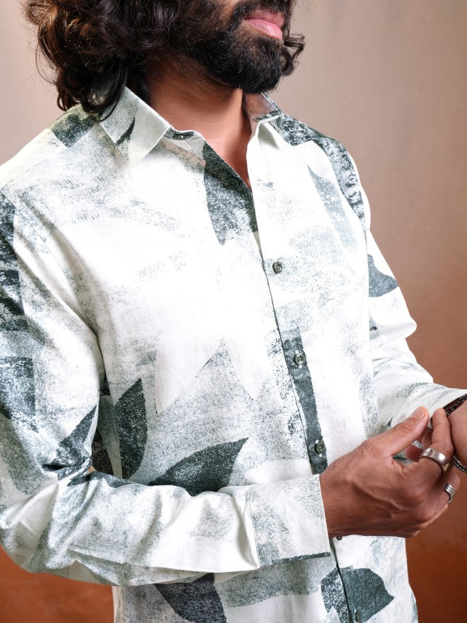 Locomotive Luxe Men Cream & Olive Satin Printed Occasion Casual Shirt - Cream - Image 5