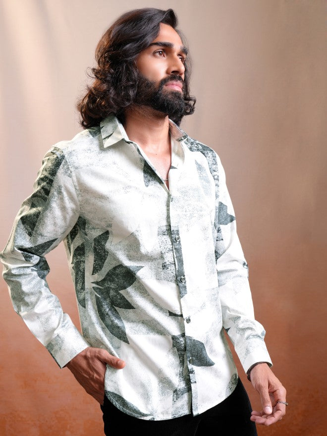 Locomotive Luxe Men Cream & Olive Satin Printed Occasion Casual Shirt - Cream - Image 6