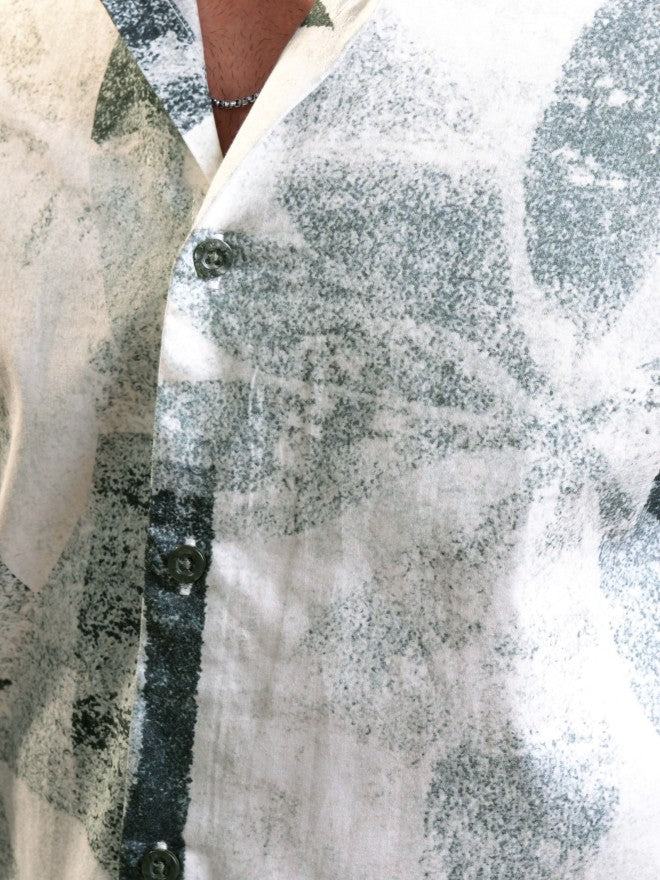 Locomotive Luxe Men Cream & Olive Satin Printed Occasion Casual Shirt - Cream - Image 7