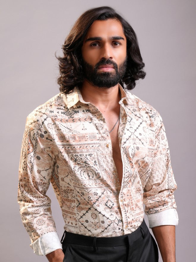 Locomotive Luxe Men Peach Multi Luxe Printed Occasion Casual Shirt - Peach - Image 1