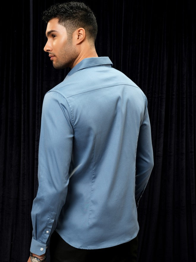 Locomotive Men Blue Solid Slim Fit Casual Shirt - Blue - Image 3