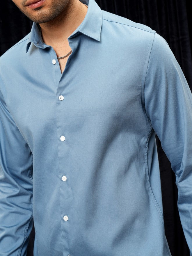 Locomotive Men Blue Solid Slim Fit Casual Shirt - Blue - Image 5
