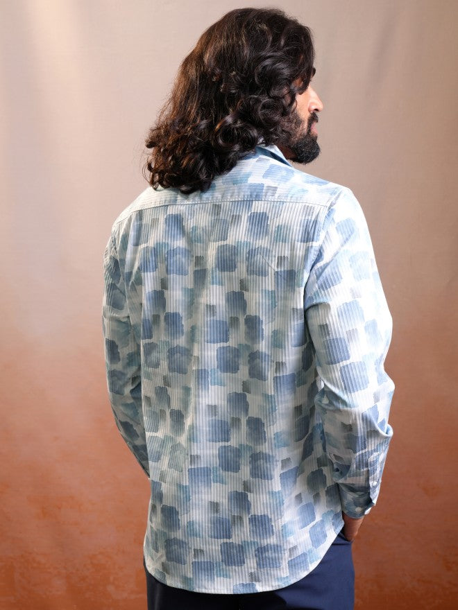 Locomotive Luxe Men Light Blue Dobby Textured Printed Occasion Casual Shirt - Blue - Image 3