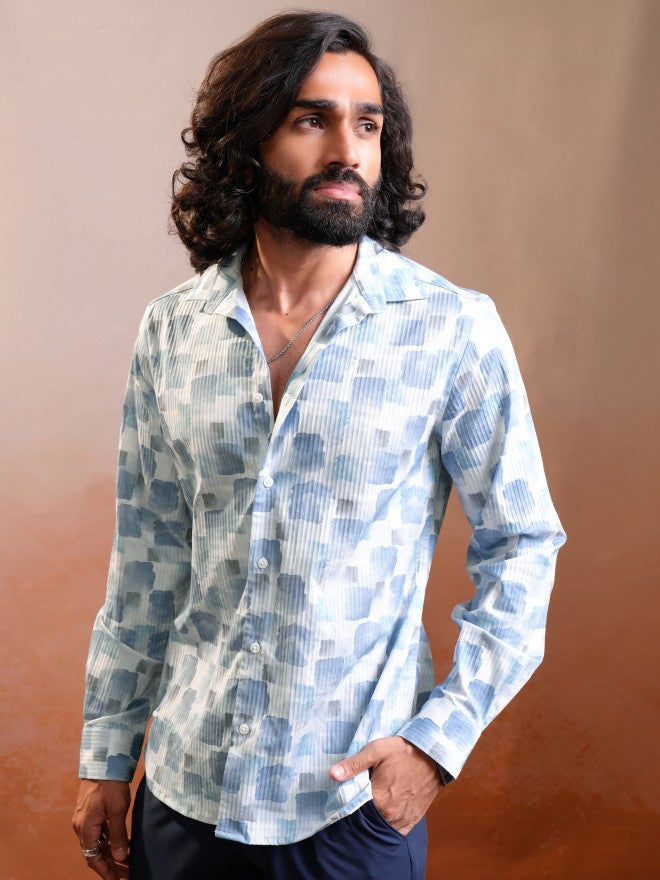 Locomotive Luxe Men Light Blue Dobby Textured Printed Occasion Casual Shirt - Blue - Image 4