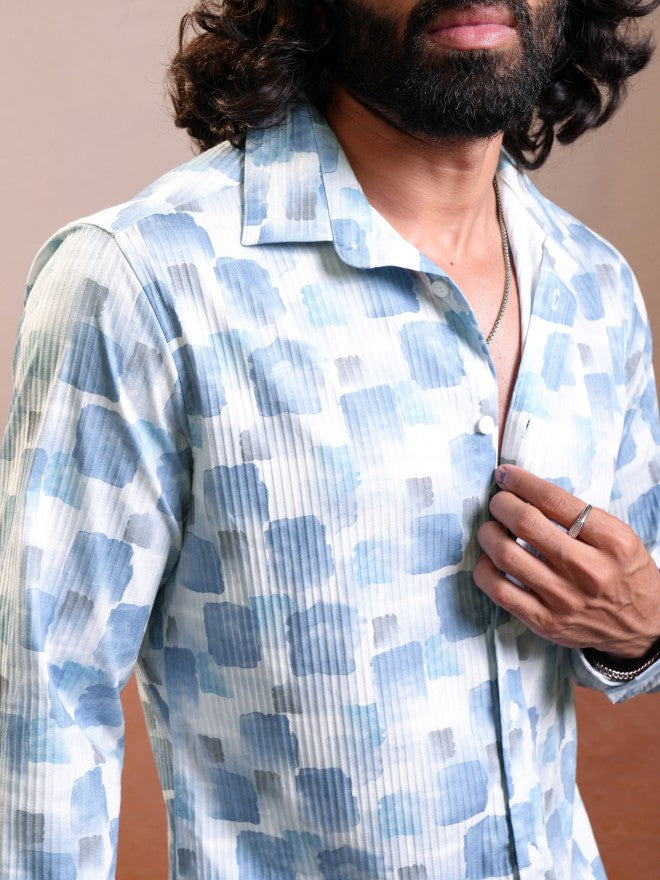 Locomotive Luxe Men Light Blue Dobby Textured Printed Occasion Casual Shirt - Blue - Image 5