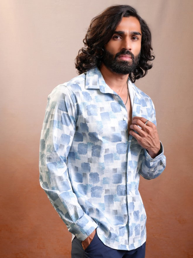 Locomotive Luxe Men Light Blue Dobby Textured Printed Occasion Casual Shirt - Blue - Image 6