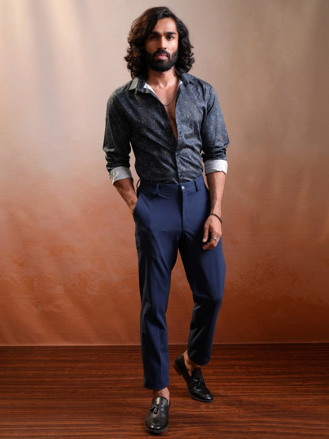 Locomotive Luxe Men Navy Satin Printed Occasion Casual Shirt - Navy Blue - Image 2