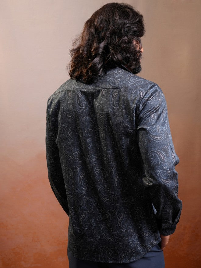 Locomotive Luxe Men Navy Satin Printed Occasion Casual Shirt - Navy Blue - Image 3