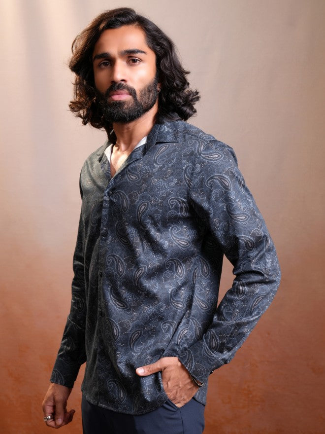Locomotive Luxe Men Navy Satin Printed Occasion Casual Shirt - Navy Blue - Image 4