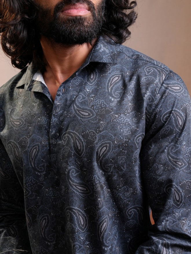 Locomotive Luxe Men Navy Satin Printed Occasion Casual Shirt - Navy Blue - Image 5