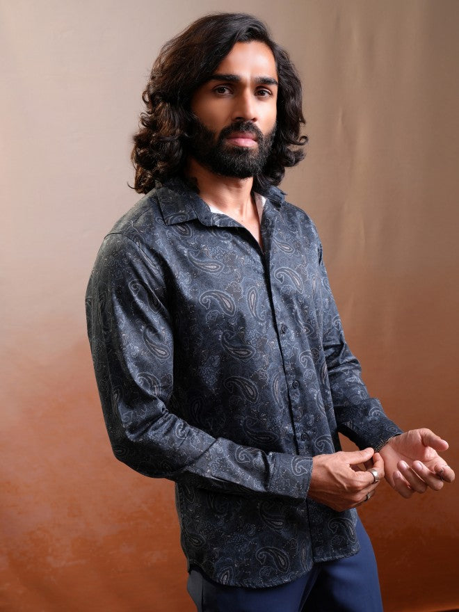 Locomotive Luxe Men Navy Satin Printed Occasion Casual Shirt - Navy Blue - Image 6