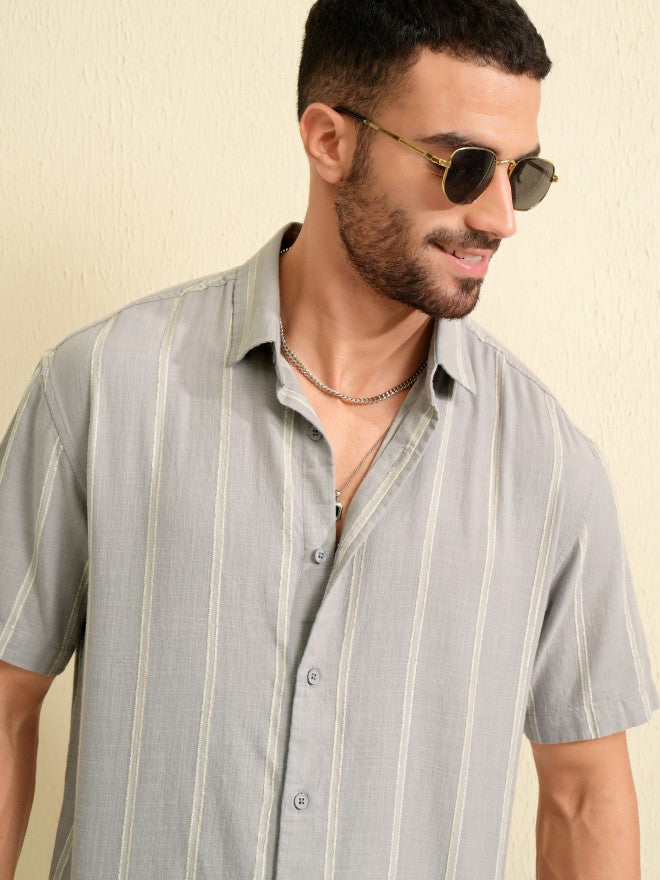 Locomotive Men Grey Striped Relaxed Fit Casual Shirt - Grey - Image 1
