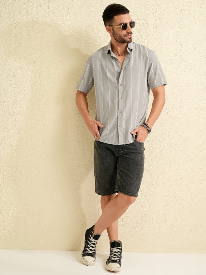 Locomotive Men Grey Striped Relaxed Fit Casual Shirt - Grey - Image 2