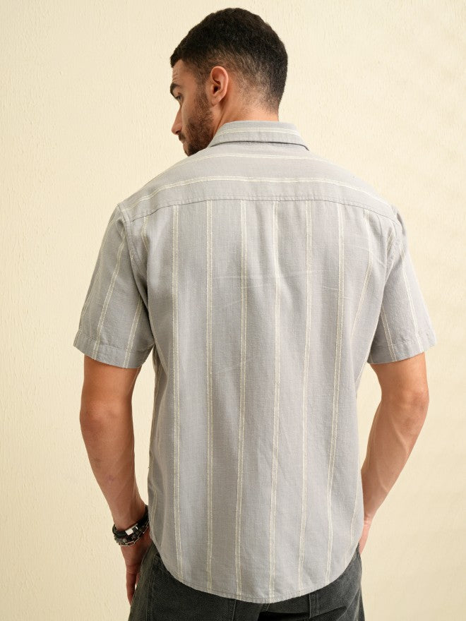 Locomotive Men Grey Striped Relaxed Fit Casual Shirt - Grey - Image 3