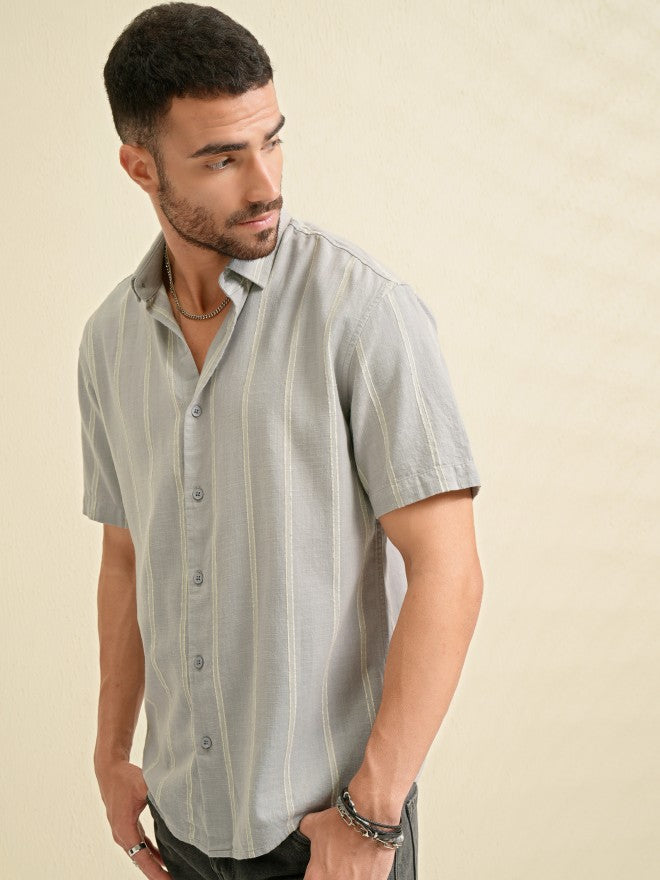 Locomotive Men Grey Striped Relaxed Fit Casual Shirt - Grey - Image 4