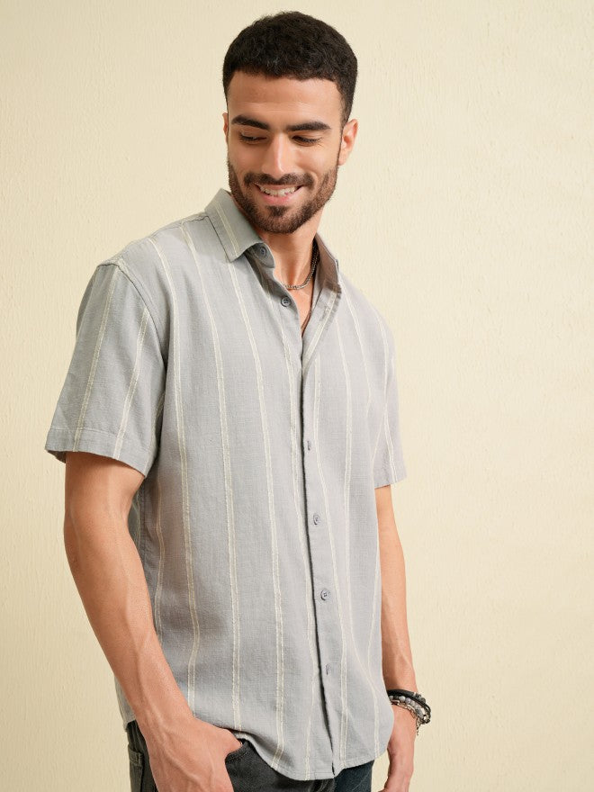 Locomotive Men Grey Striped Relaxed Fit Casual Shirt - Grey - Image 6