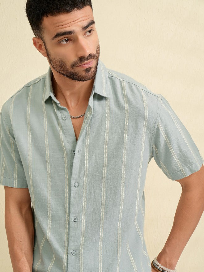 Highlander Men Green Striped Relaxed Fit Casual Shirt - Green - Image 1