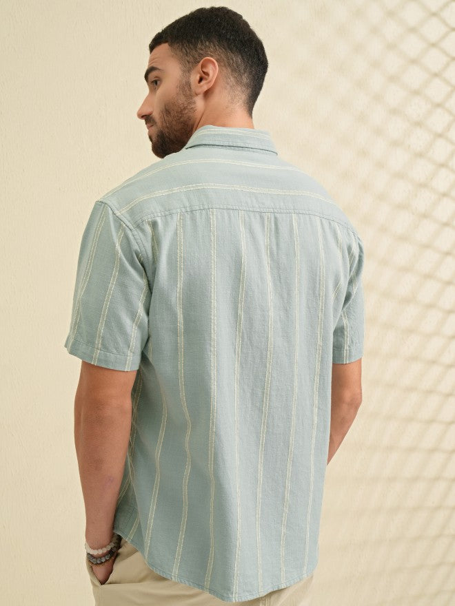 Highlander Men Green Striped Relaxed Fit Casual Shirt - Green - Image 3