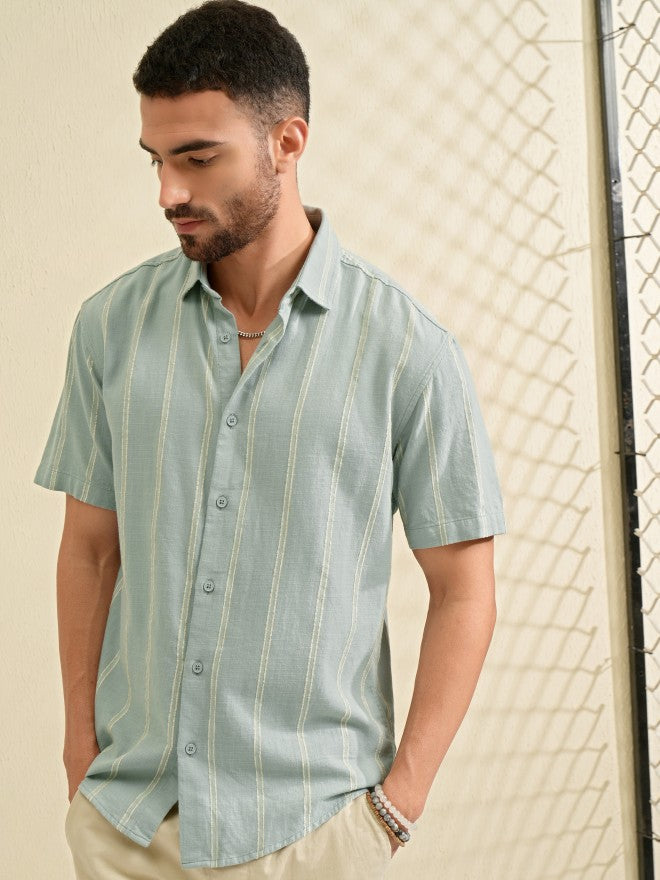 Highlander Men Green Striped Relaxed Fit Casual Shirt - Green - Image 4