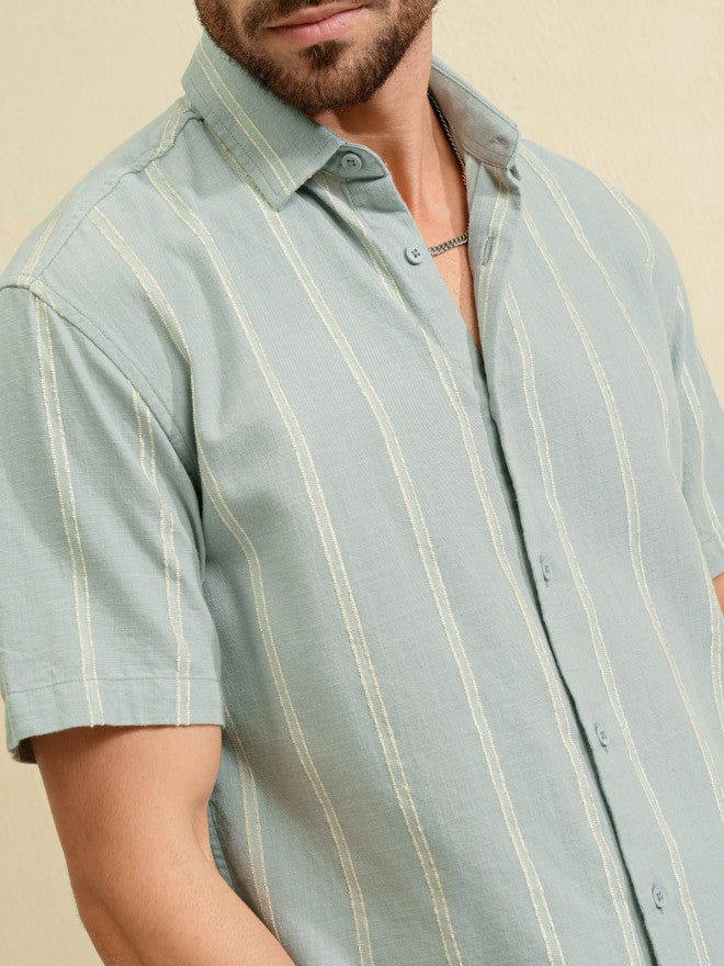 Highlander Men Green Striped Relaxed Fit Casual Shirt - Green - Image 5