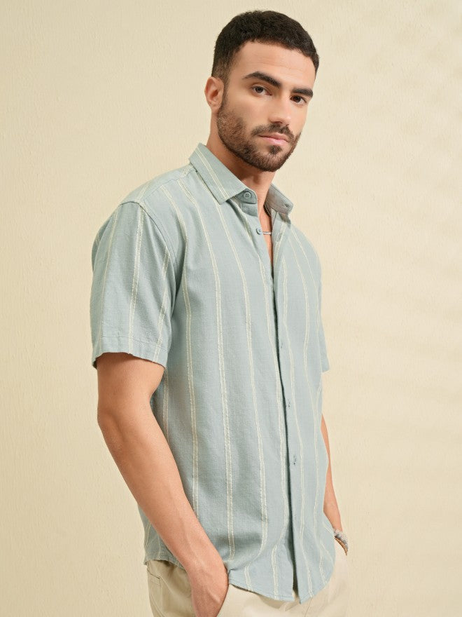 Highlander Men Green Striped Relaxed Fit Casual Shirt - Green - Image 6