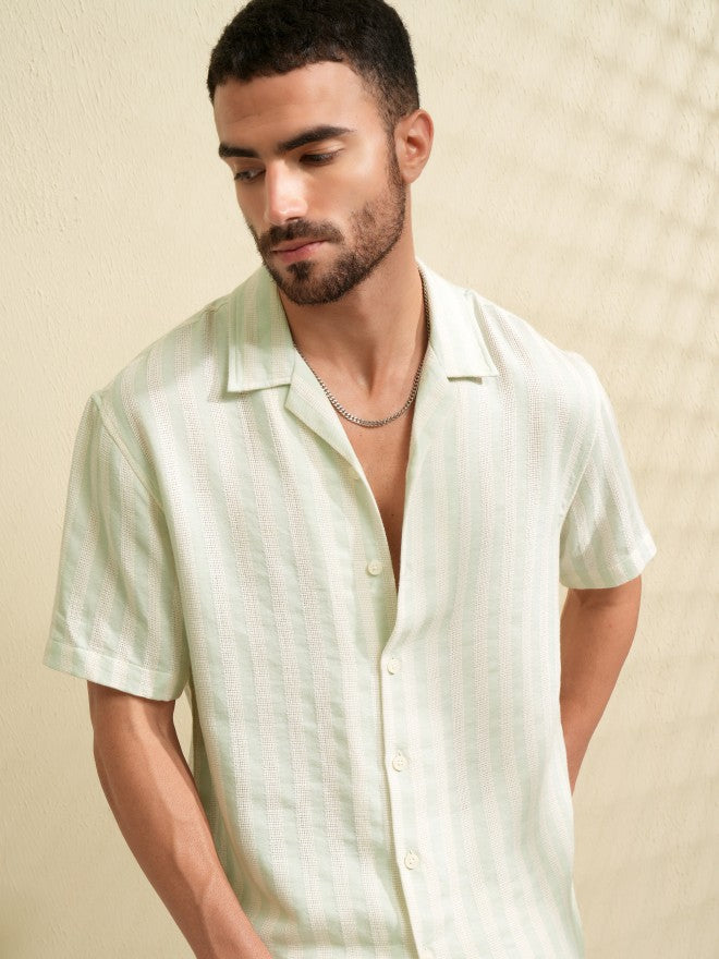 Locomotive Men Green Striped Relaxed Fit Casual Shirt - Green - Image 1