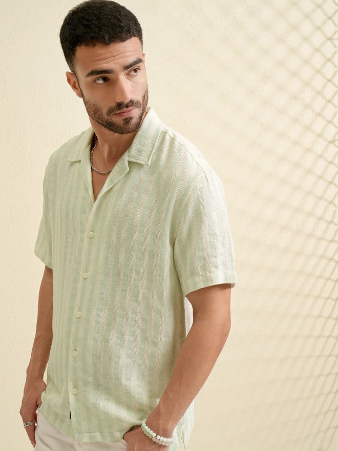 Locomotive Men Green Striped Relaxed Fit Casual Shirt - Green - Image 4