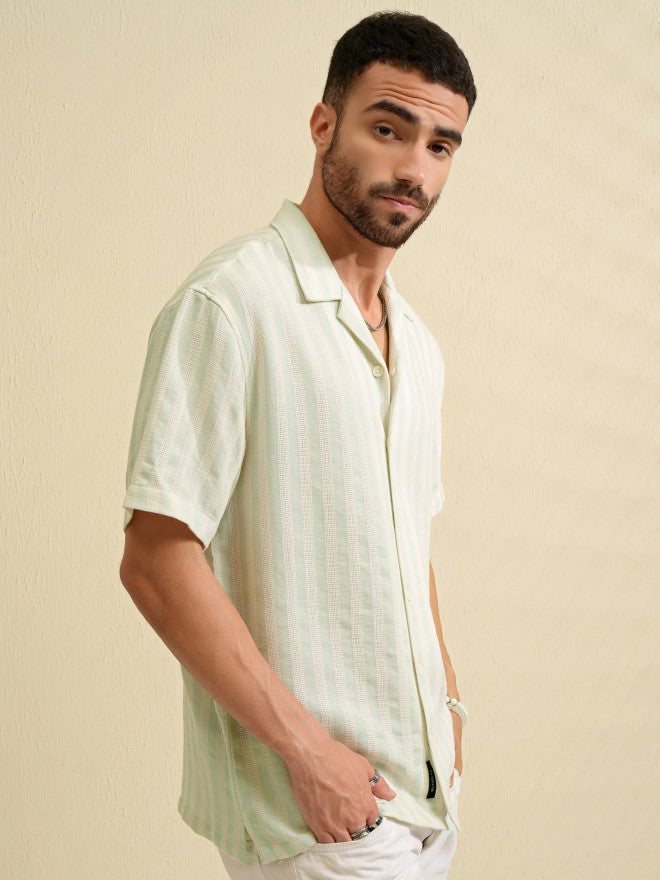 Locomotive Men Green Striped Relaxed Fit Casual Shirt - Green - Image 6