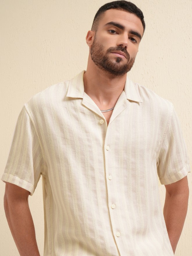 Locomotive Premium Men Pink Striped Relaxed Fit Casual Shirt - Beige - Image 1