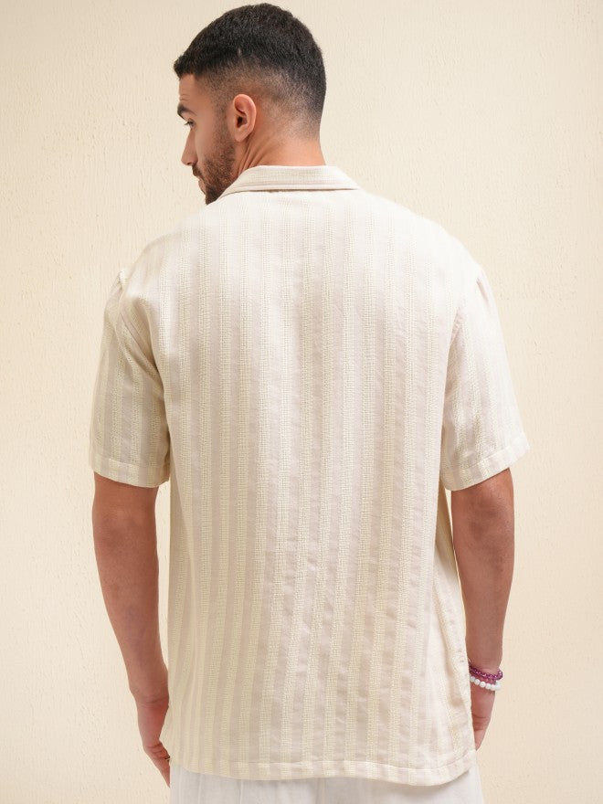 Locomotive Premium Men Pink Striped Relaxed Fit Casual Shirt - Beige - Image 3