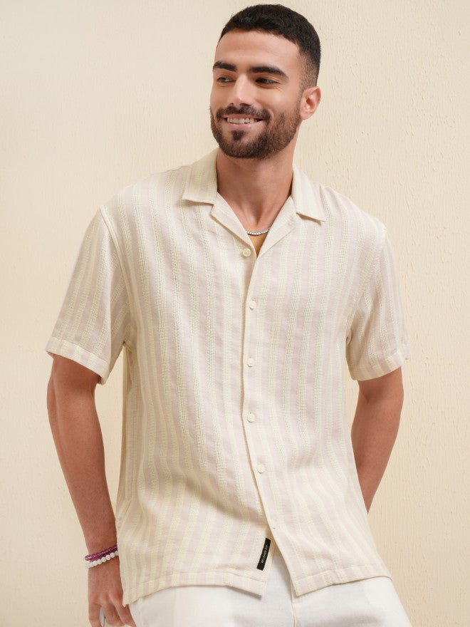 Locomotive Premium Men Pink Striped Relaxed Fit Casual Shirt - Beige - Image 7