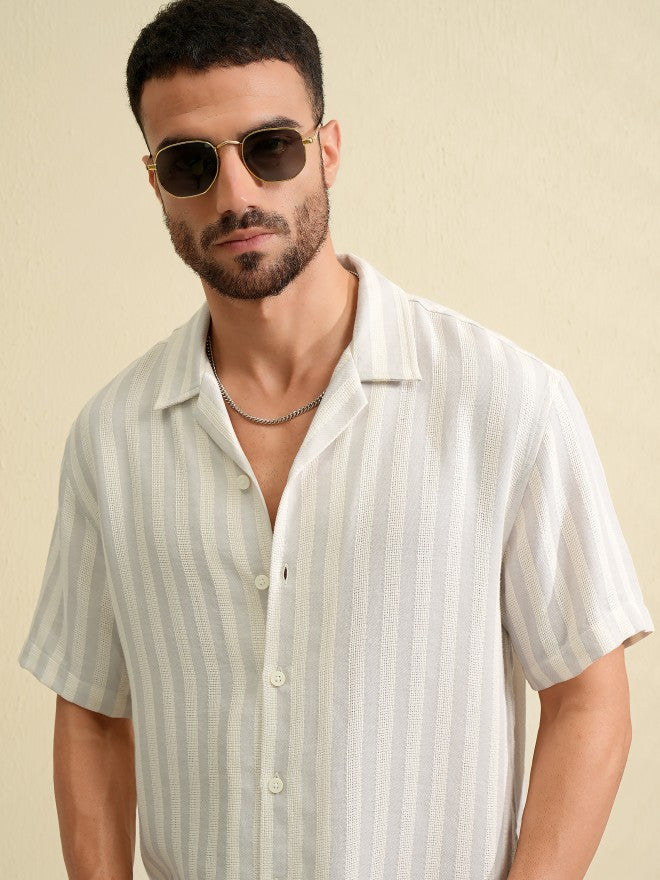 Locomotive Men Grey Striped Relaxed Fit Casual Shirt - Grey - Image 1