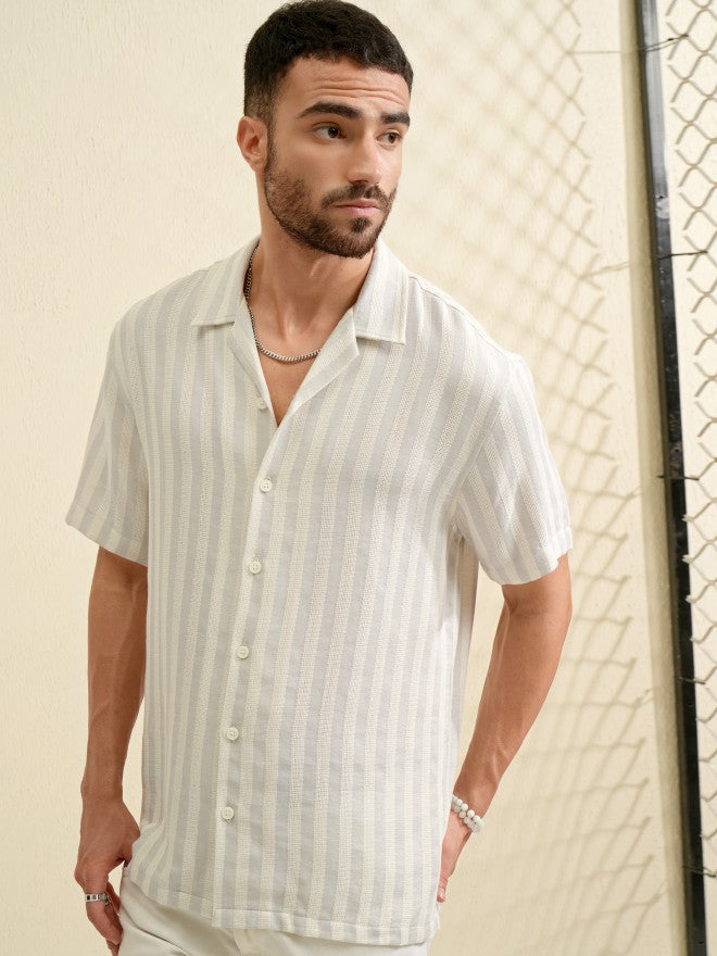 Locomotive Men Grey Striped Relaxed Fit Casual Shirt - Grey - Image 4