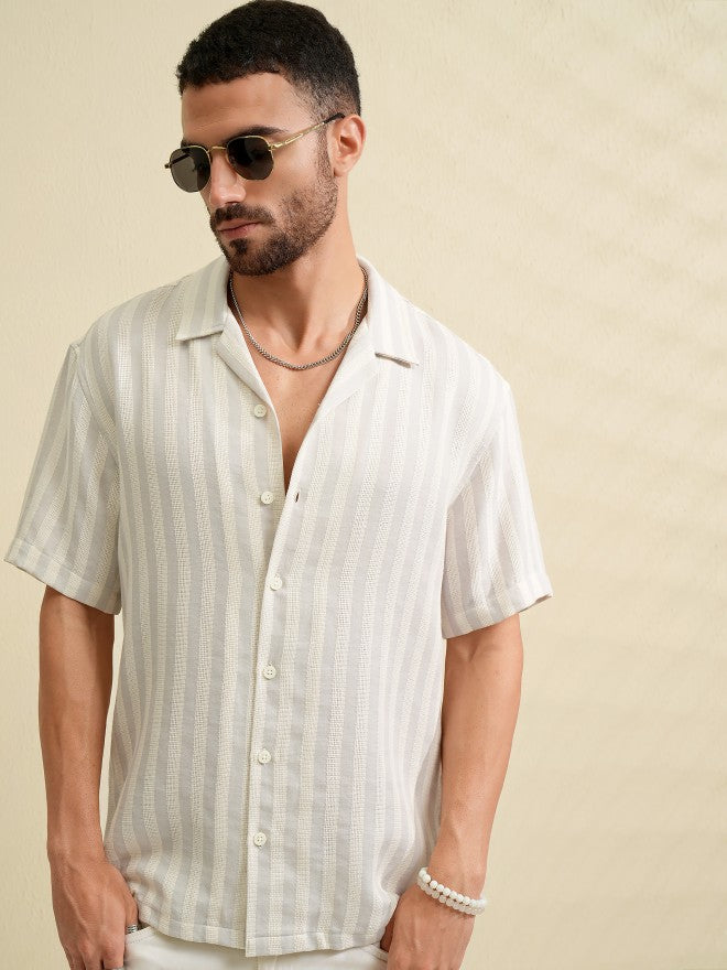 Locomotive Men Grey Striped Relaxed Fit Casual Shirt - Grey - Image 7