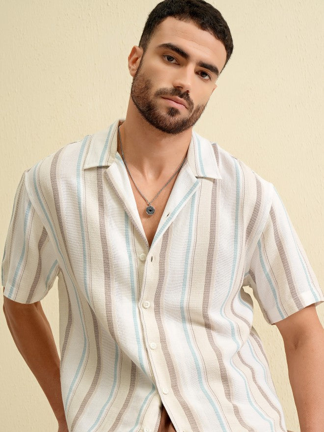 Locomotive Men Beige Striped Relaxed Fit Casual Shirt - Beige - Image 1