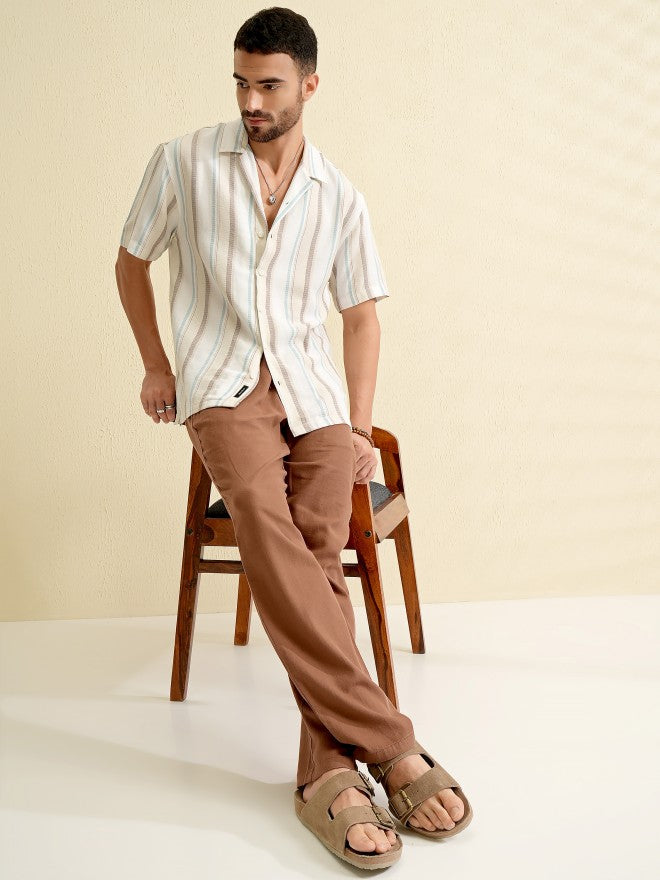 Locomotive Men Beige Striped Relaxed Fit Casual Shirt - Beige - Image 2