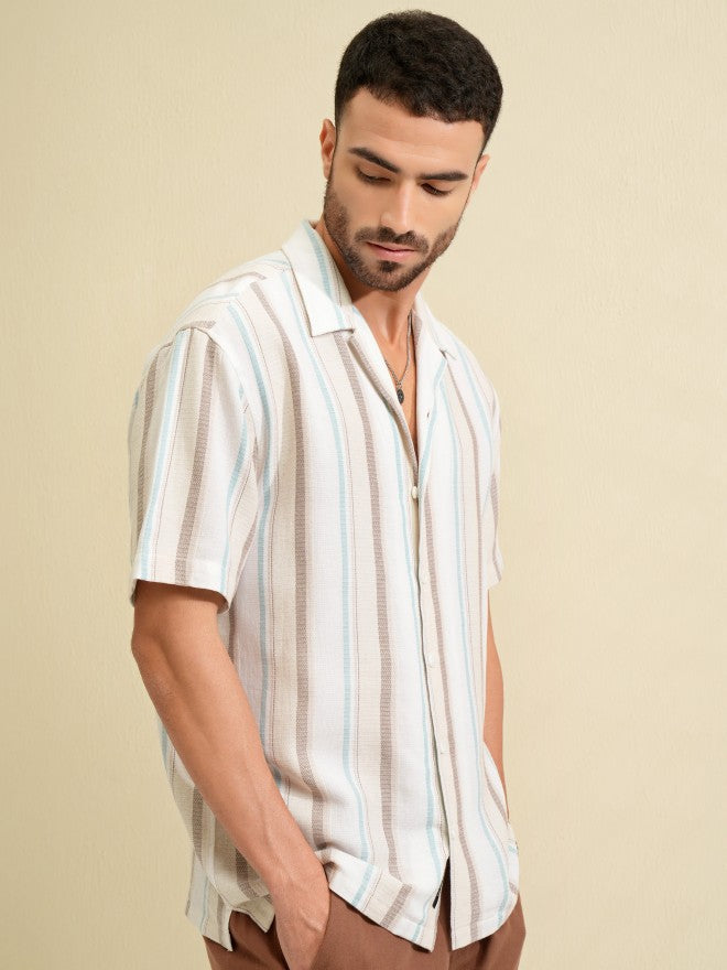 Locomotive Men Beige Striped Relaxed Fit Casual Shirt - Beige - Image 6