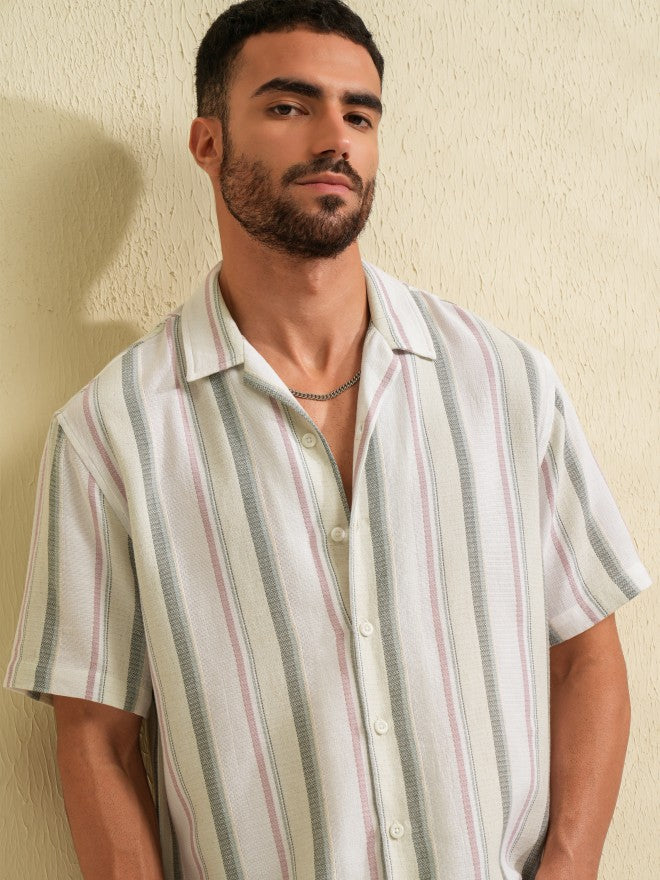 Locomotive Men Green Striped Relaxed Fit Casual Shirt - Green - Image 1
