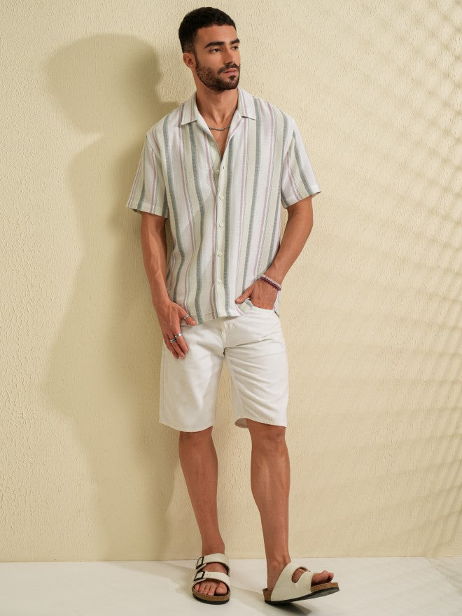 Locomotive Men Green Striped Relaxed Fit Casual Shirt - Green - Image 2