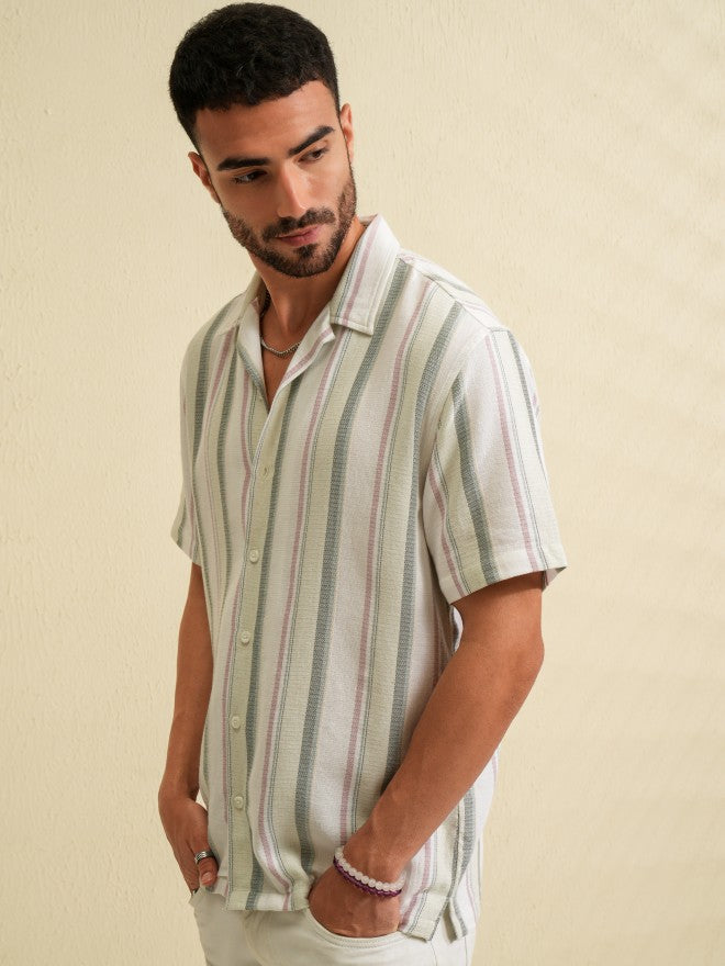 Locomotive Men Green Striped Relaxed Fit Casual Shirt - Green - Image 4
