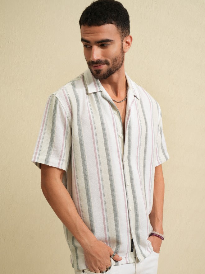 Locomotive Men Green Striped Relaxed Fit Casual Shirt - Green - Image 6