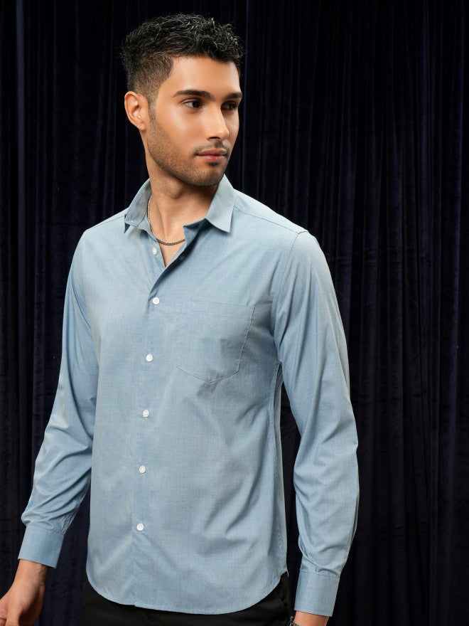 Locomotive Premium Men Blue Solid Slim Fit Casual Shirt - Blue - Image 4