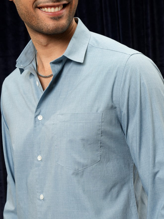 Locomotive Premium Men Blue Solid Slim Fit Casual Shirt - Blue - Image 5