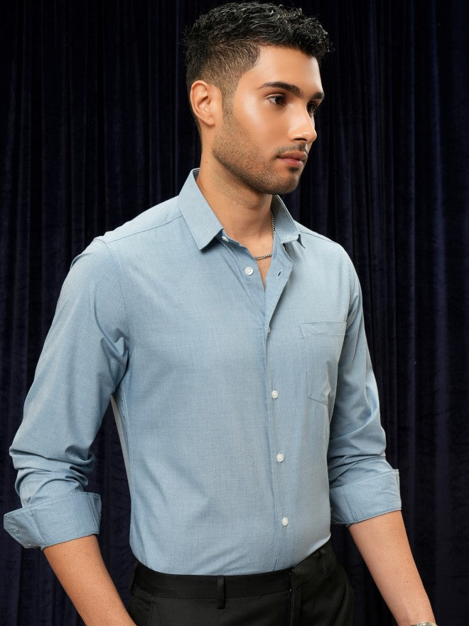 Locomotive Premium Men Blue Solid Slim Fit Casual Shirt - Blue - Image 6