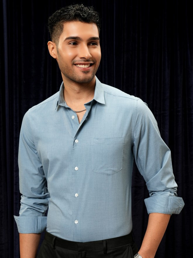 Locomotive Premium Men Blue Solid Slim Fit Casual Shirt - Blue - Image 7