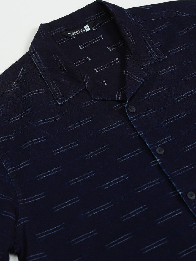 Locomotive Men Navy Blue Printed Relaxed Fit Casual Shirt - Navy Blue - Image 7