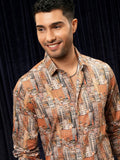 Locomotive Premium Men Orange Printed Slim Fit Casual Shirt - Orange - Image 1